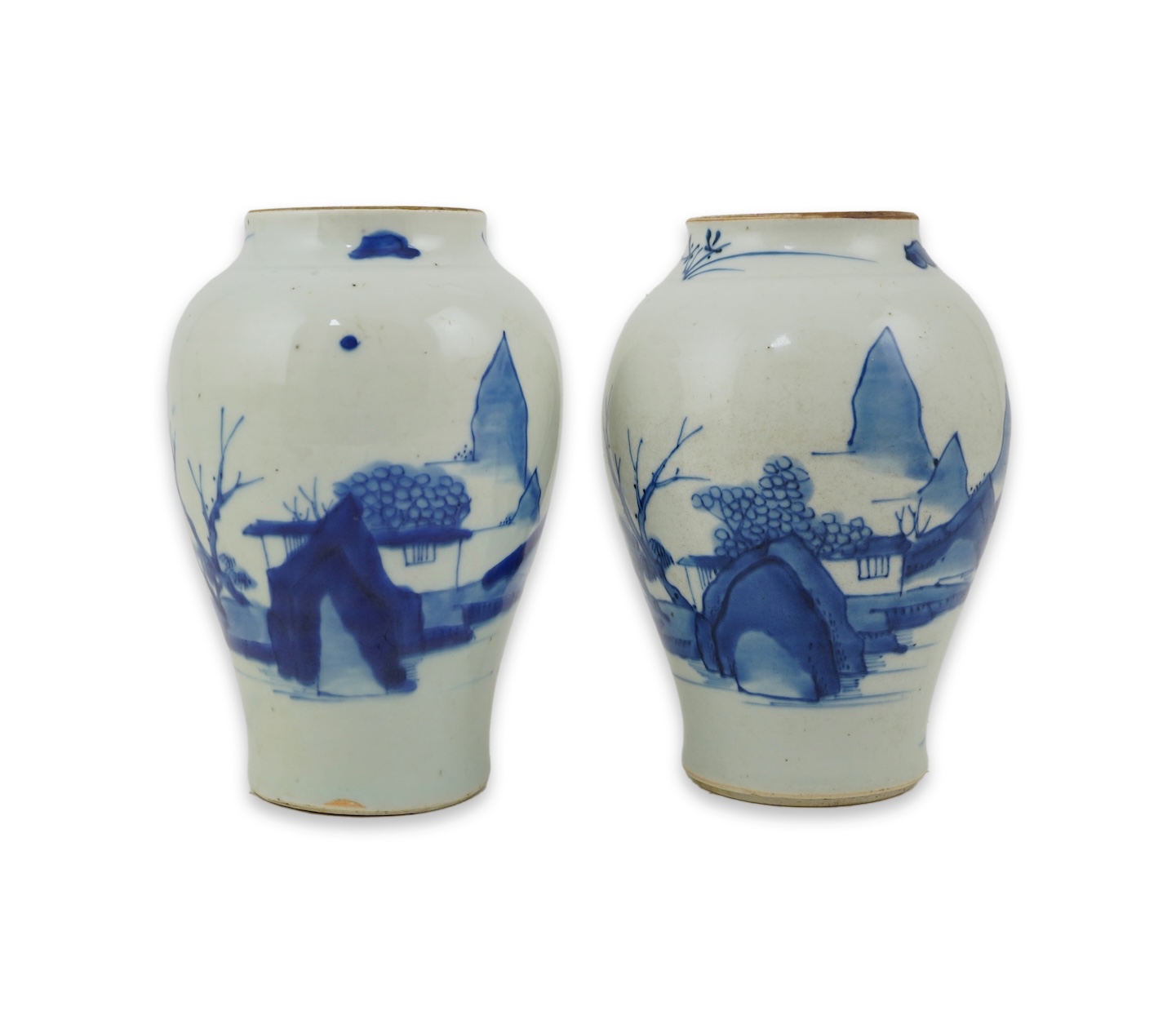 A pair of Chinese Transitional blue and white ‘landscape’ jars, probably Shunzhi period (1644-1661)